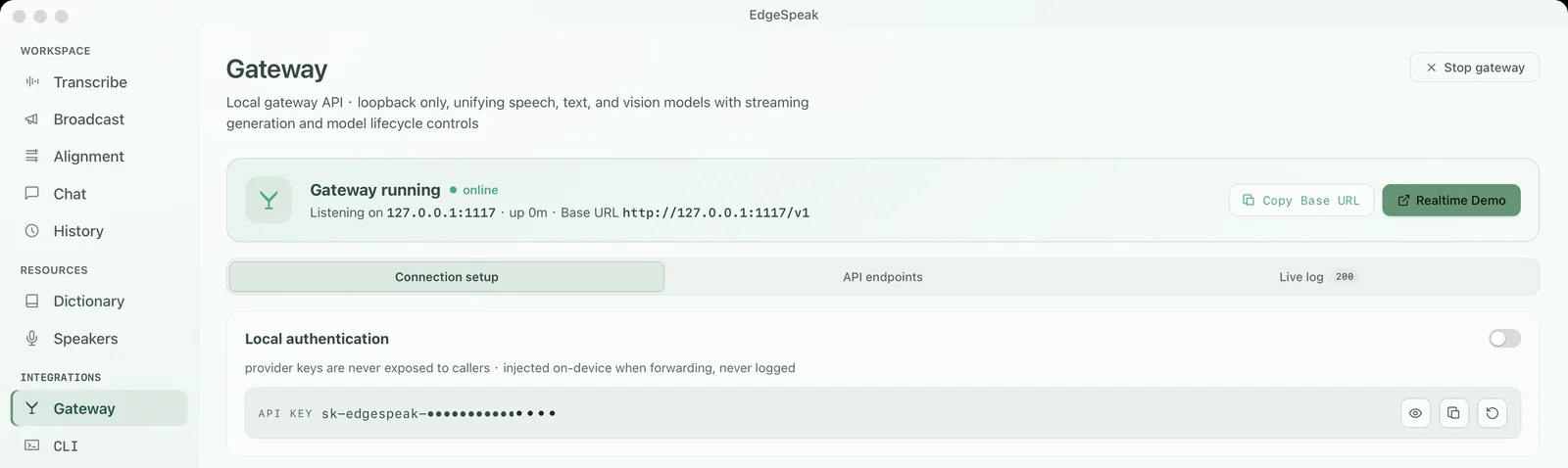 Desktop app gateway page: local authentication switch and API Key